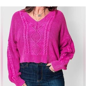 POL Medium Hot Pink Cable Knit V-Neck Sweater – Flamingo Vintage Washed Look
